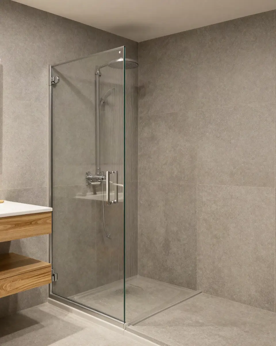 Begehbare Dusche mit grauen Steinfliesen